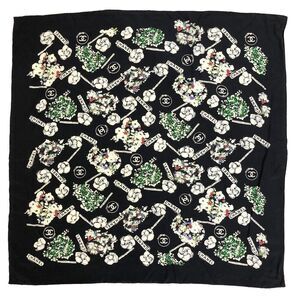 CHANEL Vintage Camellia & CC Logo Black Silk Scarf